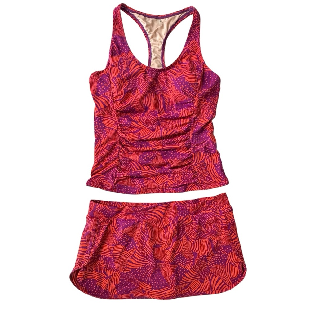 Garnet Hill Red and Purple Printed Tankini with Skirt